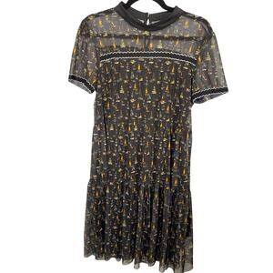 YDY, Size Medium, Navy Mesh Dress, Boat Print, Illusion Neckline, Flowy, EUC